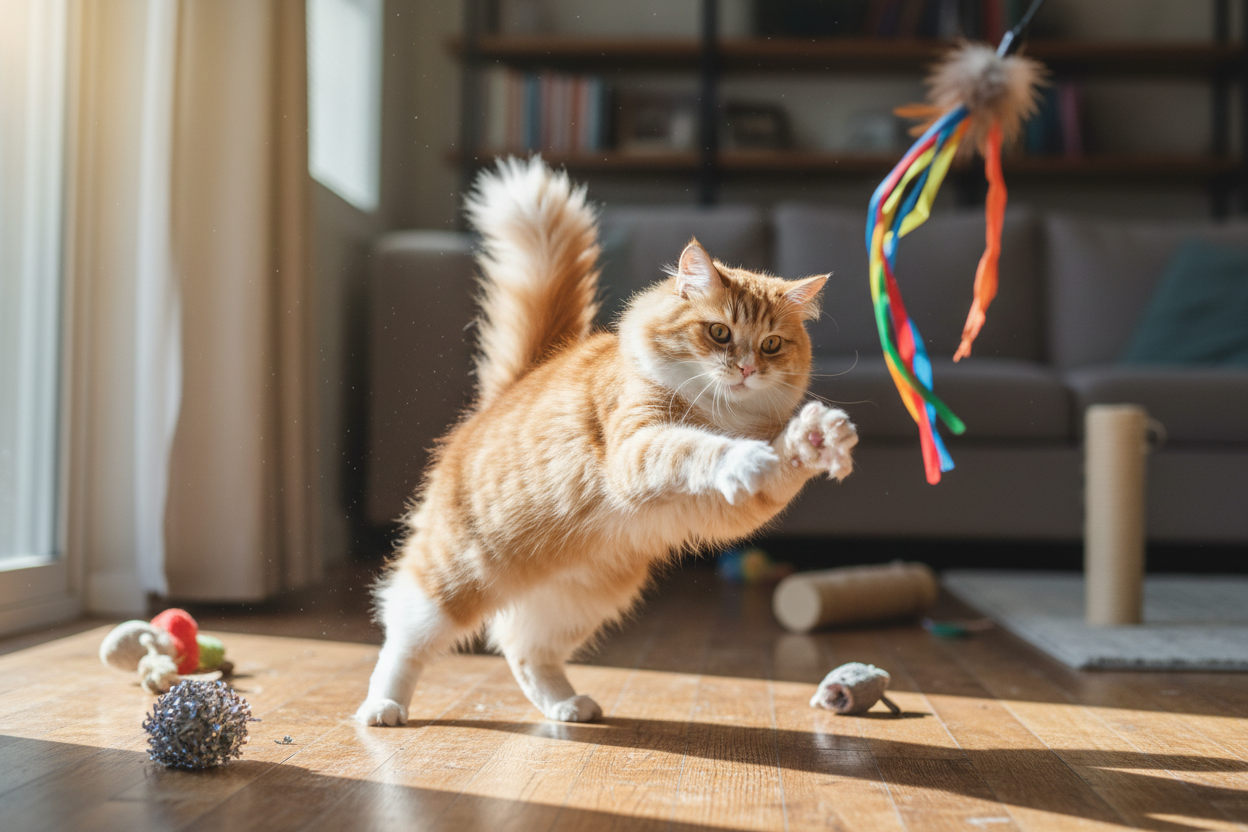 a picture of a single cat playing eith a toy
